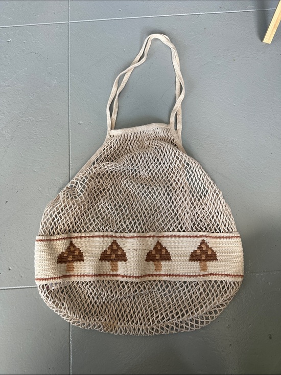 Urban Outfitters Handbags - Handwoven Beige Mesh Market Bag with Brown Mushrooms